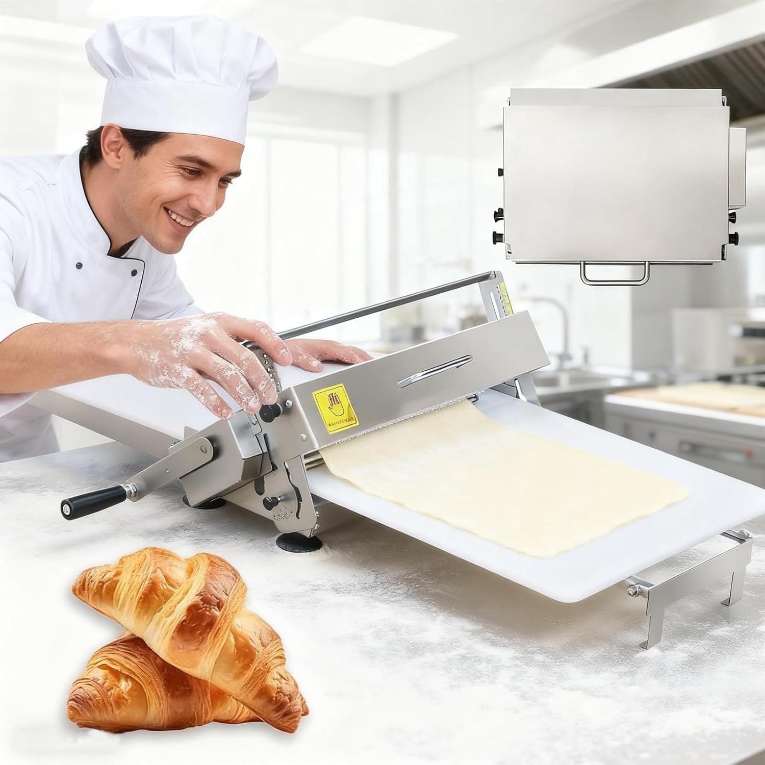 POIMHEW Folding Dough Sheeter 15.5in Stainless Steel Electric Dough Sheeter,Compact Manual Dough Roller Machine, Thickness Adjustable 0-25mm, for Croissants, Home Kitchens & Small Bakeries