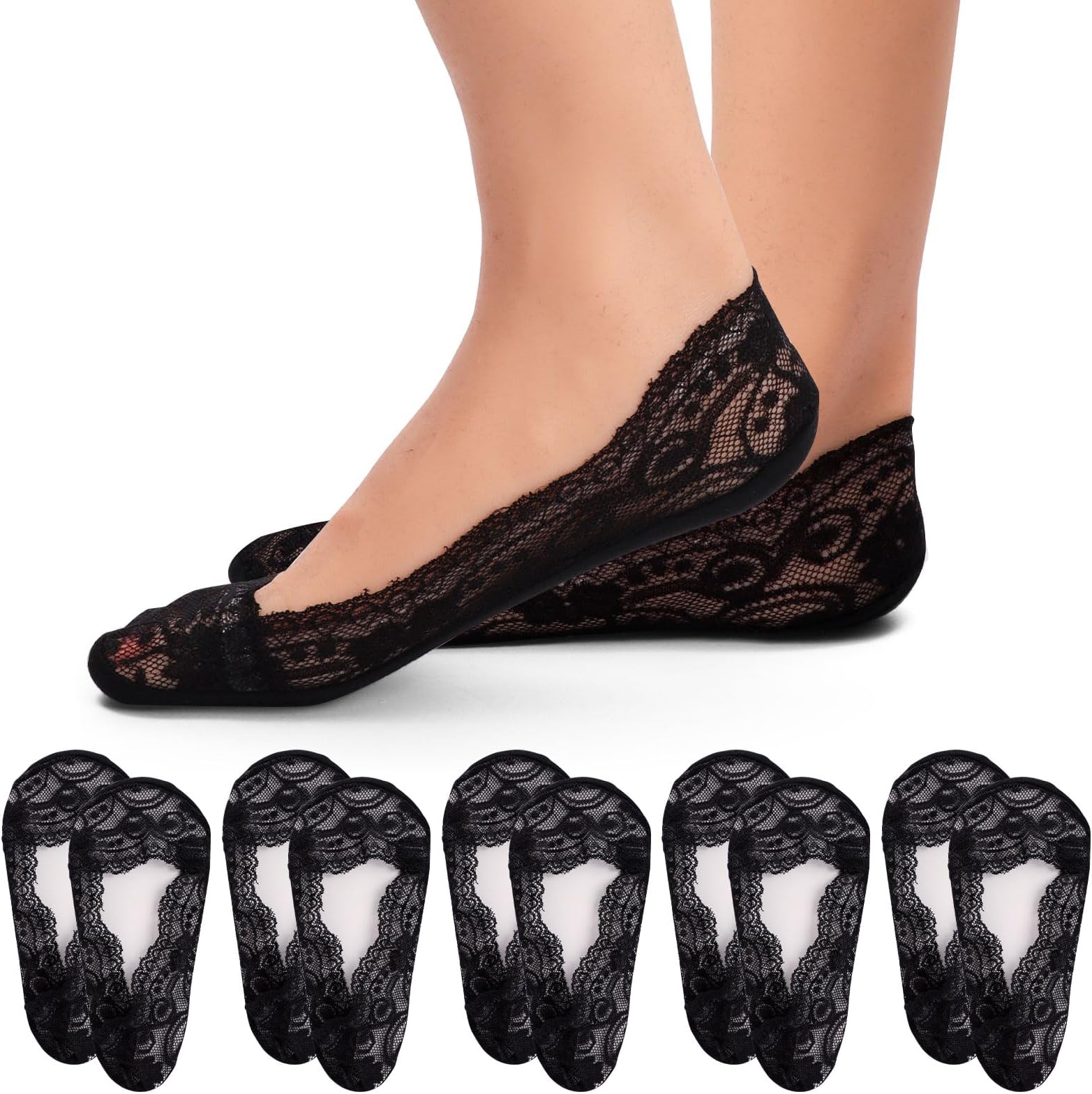 5 Pairs Women's No Show Lace Socks - Non Slip, Low Cut, Invisible Boat Socks