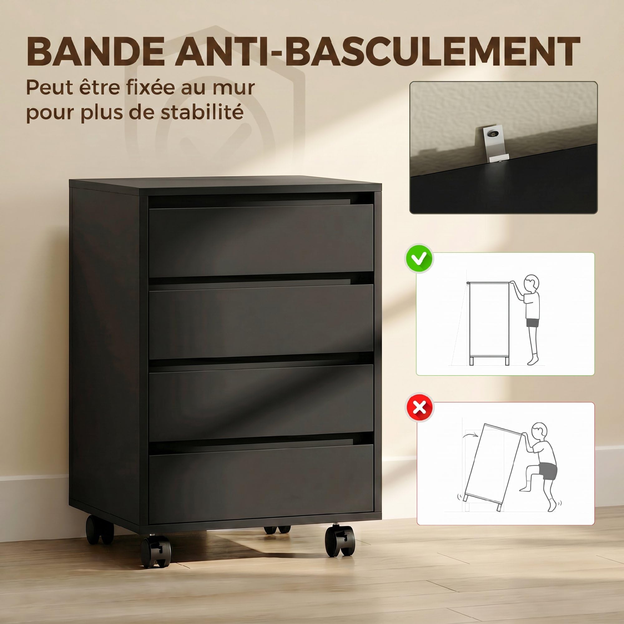 HOMCOM Caisson de Bureau, Rangement Bureau sur Roulettes, 4 Tiroirs Coulissants en Bois, Noir