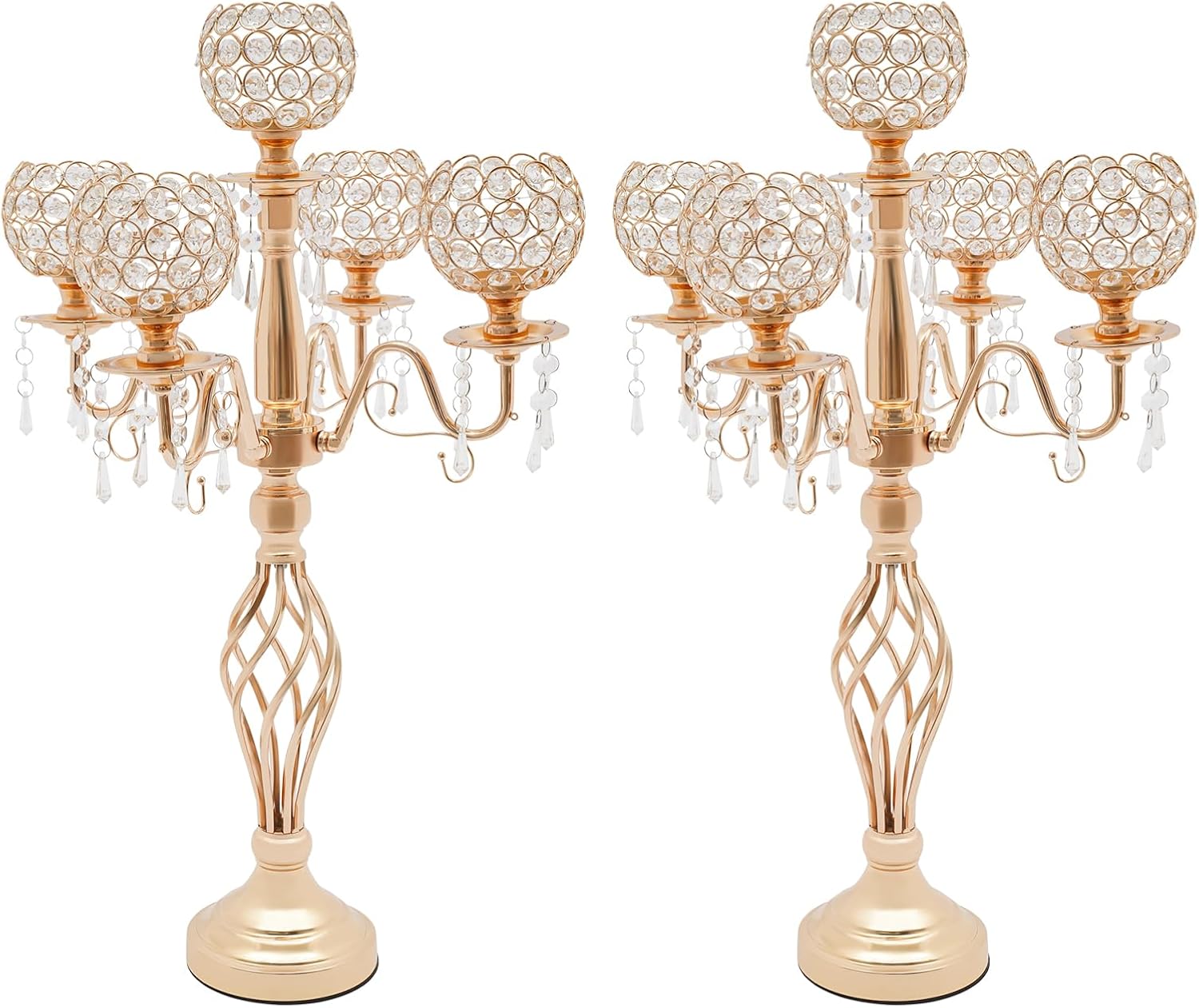 2 Pack 5 Arm Crystal Candelabra Centerpieces, Bowl Candelabra Table Centerpieces Decor, 27IN Tall Floor Crystal Candelabra Chandelier Crystal for Home Wedding Dinner Party (Gold)
