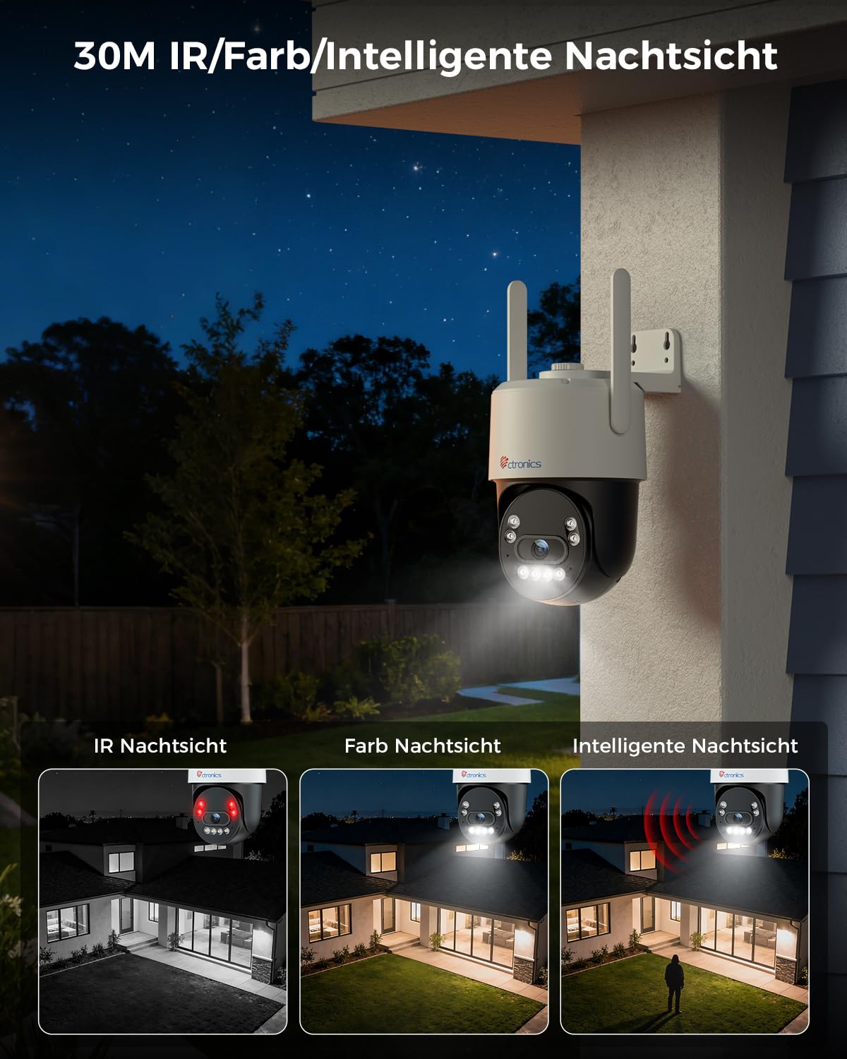 Ctronics 4K WLAN Überwachungskamera Außen,8MP PTZ Kamera mit Farbnachtsicht | 2,4/5GHz Dualband WLAN, KI Personen-/Fahrzeug-/Tiererkennung, unterstützt NVR&24/7 Aufzeichnung, Zwei-Wege-Audio, IP66