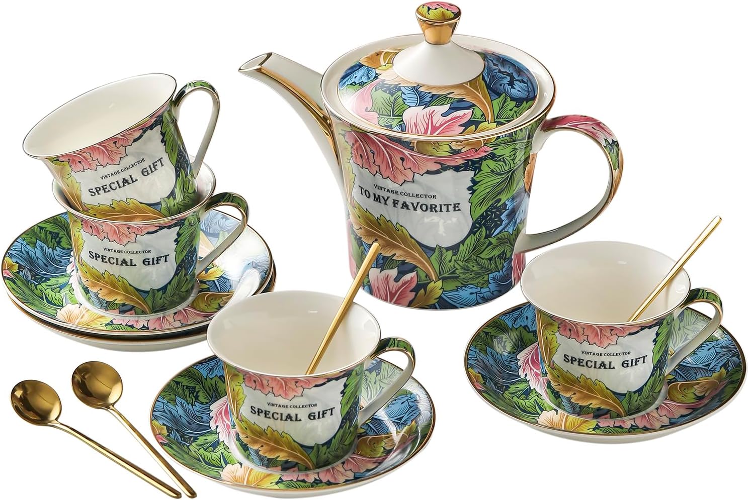 ACMLIFE Porcelain Tea Sets for Adults, 15-Piece Green Bone China Tea Set for Women, Tea Cups and Saucers Set Service for 4, Gift for Christmas (green, large set 13)
