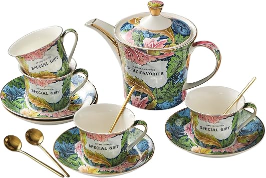 ACMLIFE Tea Set for Adults- Fine China Tea Set, Vintage Coffee Set English Porcelain Tea Pot Sets for Adult Tea Party for Women Gift green, large set 13