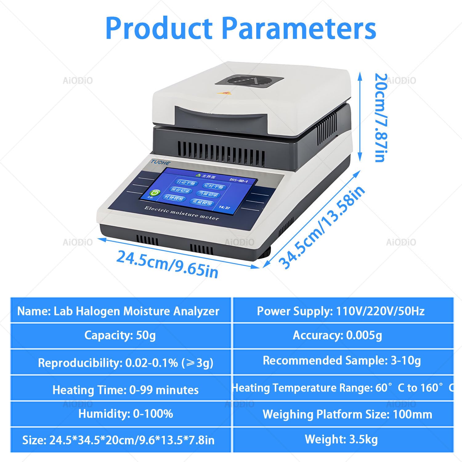 Analizador de Humedad halógeno, analizador de Humedad halógeno de precisión, Pantalla táctil Digital de Alta precisión de 50 g/0,005 g, Secado rápido, para Alimentos en Polvo, Hierbas y Carne.