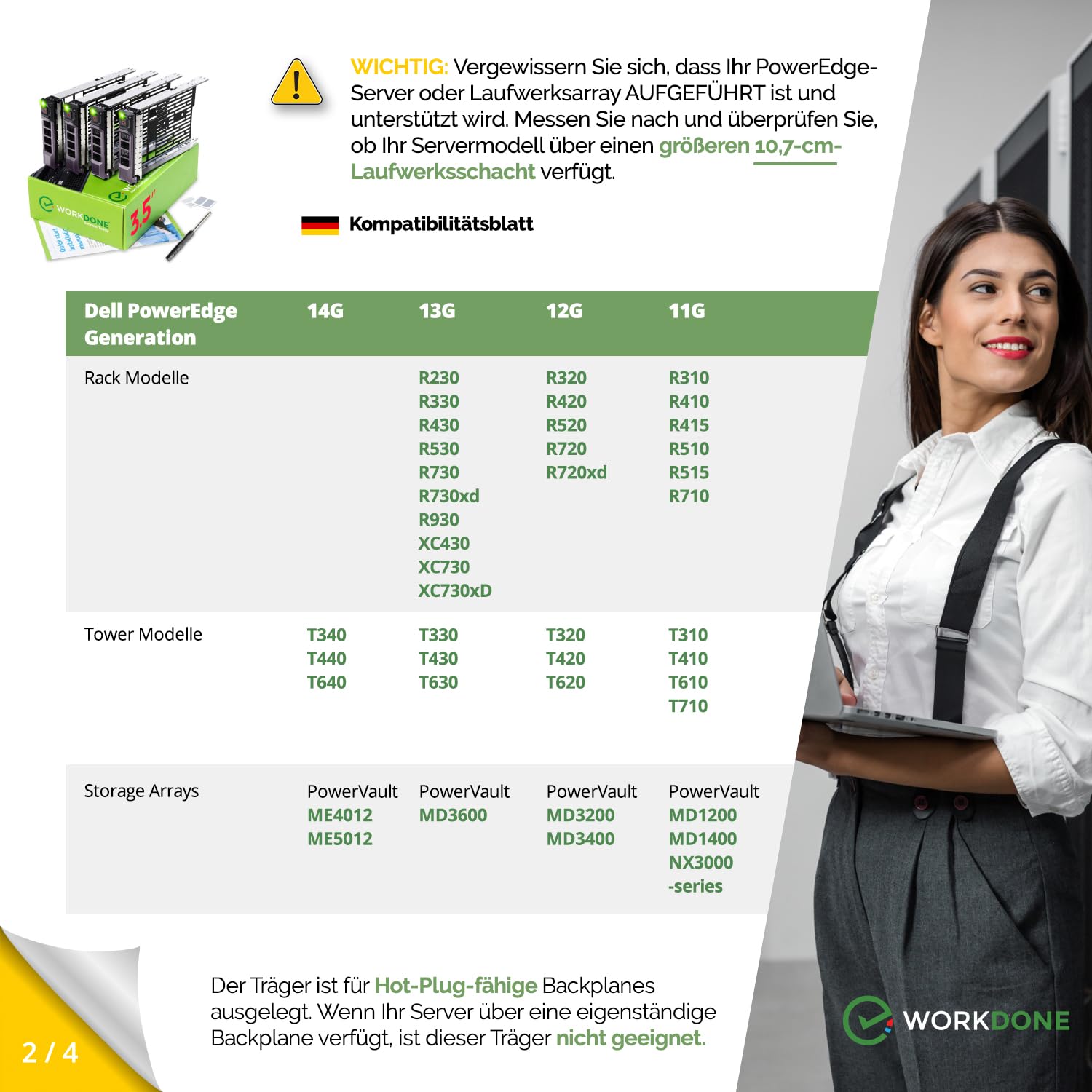 WORKDONE 4er-Pack - 3,5-Zoll Festplatten-Caddy - kompatibel für Dell PowerEdge Server - Handbuch - Aufkleber für Vorderseite - Schraubendreher - Schrauben für Festplattenfach