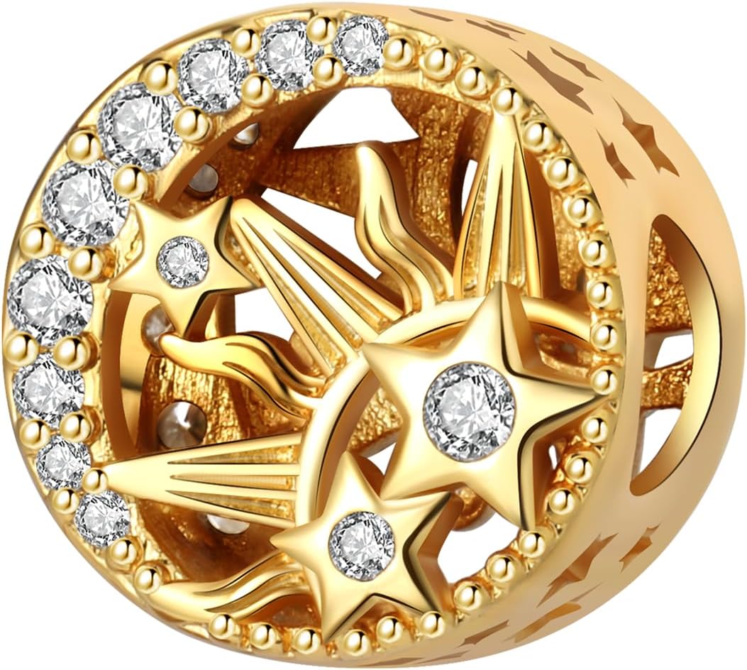 Openwork Gold Sun Moon Stars Bead Charm, Charm for Bracelet, Compatible with Pandora Bracelet Neckalce