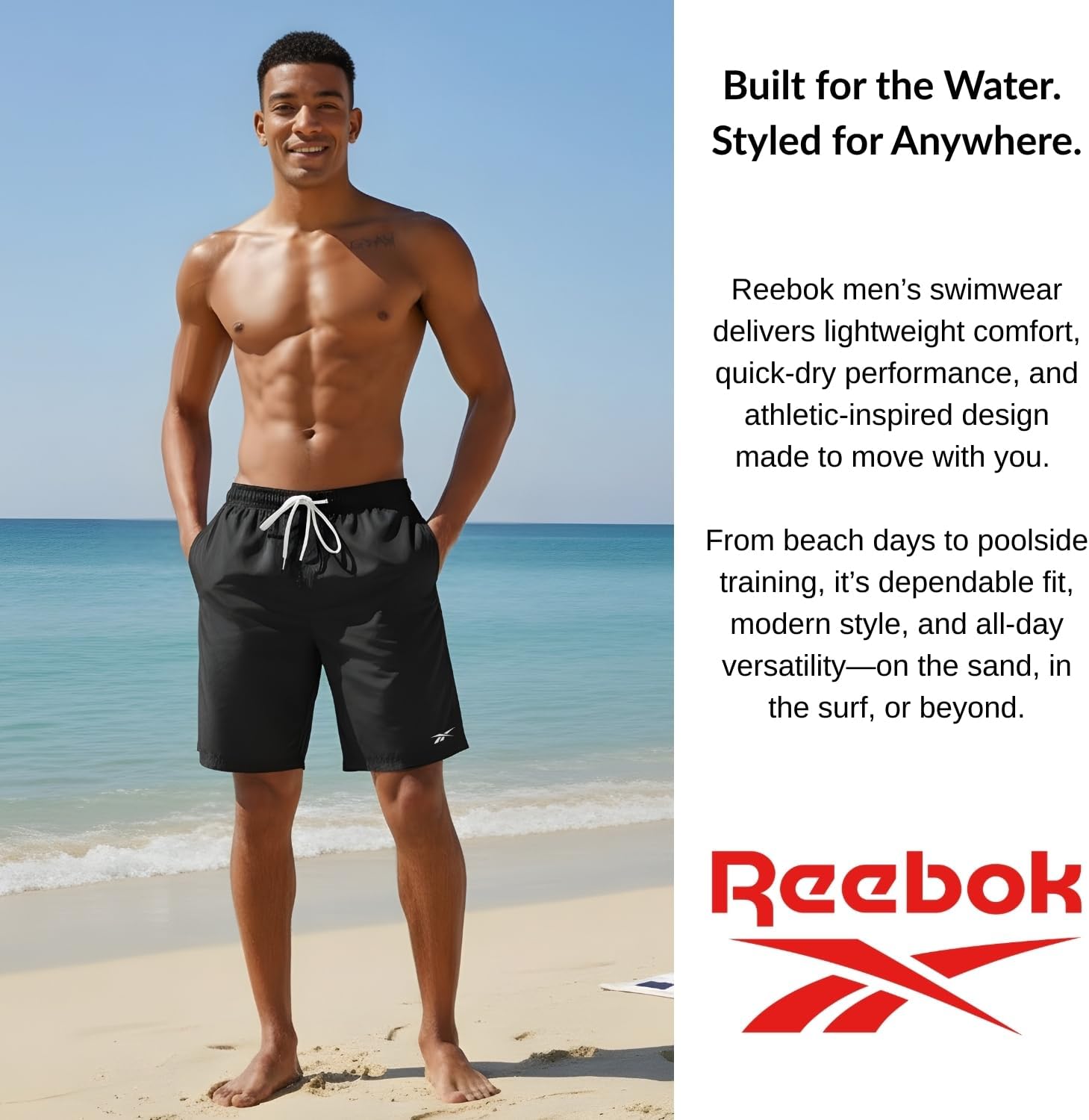 Reebok Men 9” Swim Trunks with Compression Liner - 2 in 1 Quick Dry Boardshorts Beach Shorts, Bathing Suit Shorts