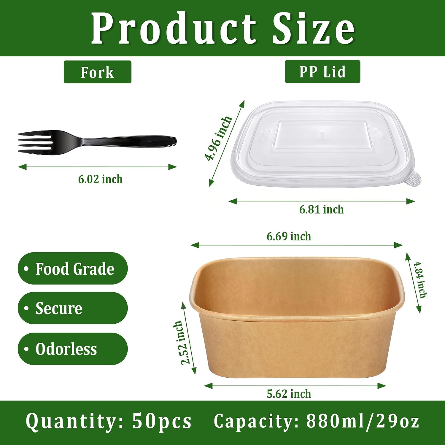 50 Pack 29oz Disposable Meal Prep Containers with Lids and Forks, Microwave and Freezer Safe Kraft Paper Bowls for Salad Noodles, Take Out Containers for Hot/Cold Food