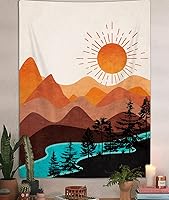 Vista 1 de DYNH Tapiz Vertical Bohemio de Montaña, Tapices de Naturaleza Bosque Árbol Lago Sol, Tapiz Bohemio Minimalista de Mediados de Siglo del Desierto