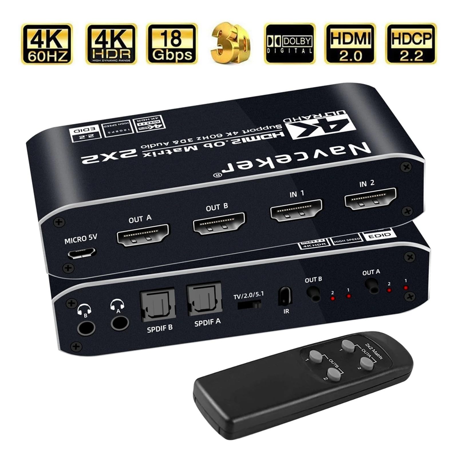 Divisor de Matriz Compatible con 2x2 SPDIF y conmutador Compatible HDR L/R 3,5 mm 4x2 Compatible HDCP 2. ARC 3D 4K a 60 Hz(ZY-HM22A)