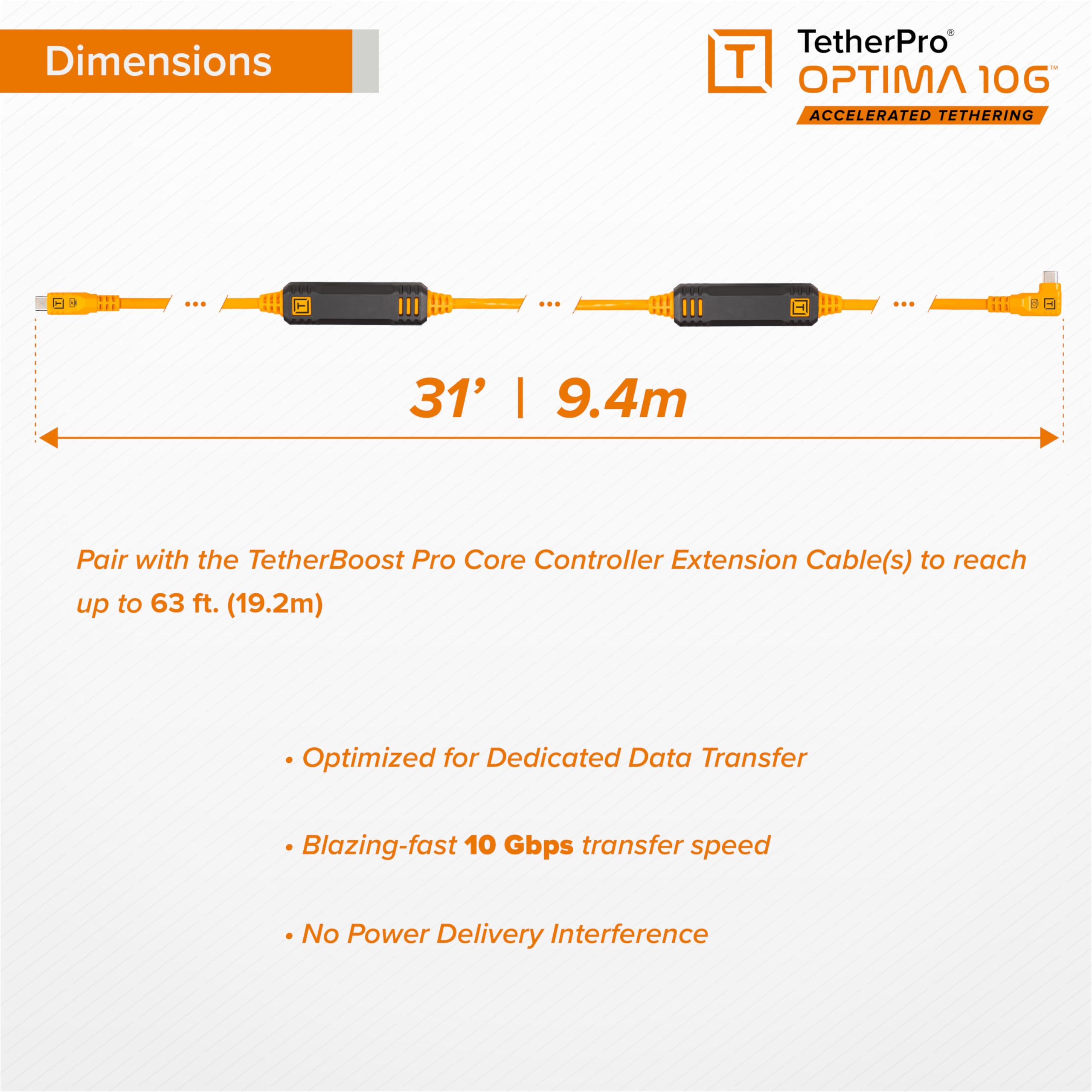 TetherPro Optima 10Gbps Gen 2 USB-C, 31' (9,4m), dritto a destra, nero antiriflesso