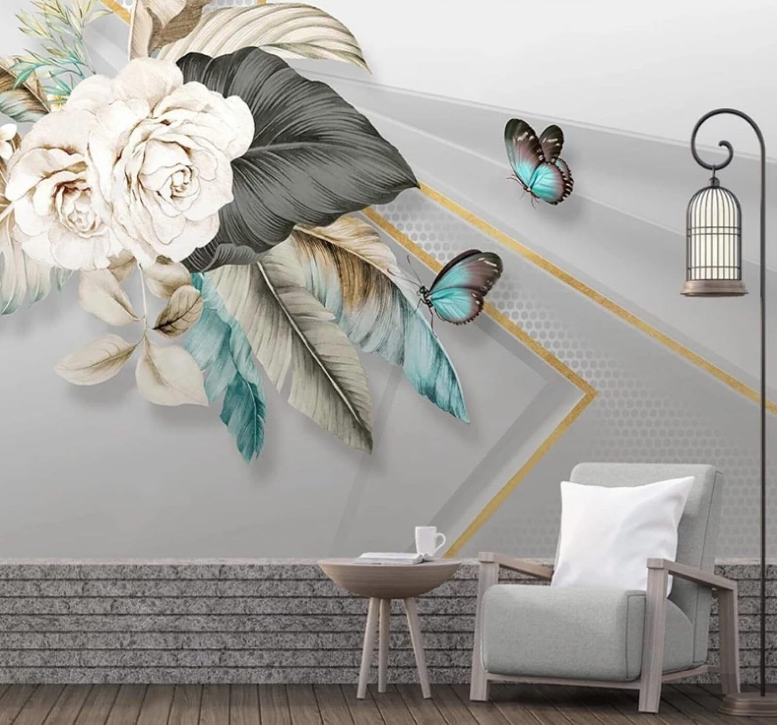 XLMING Hand Drawn Flowers Butterflies Gold Lines 3D Wallpaper Luxury Home Dining Decor Paste Sofa Living Room The Wall for Bedroom Mural-350cm×256cm