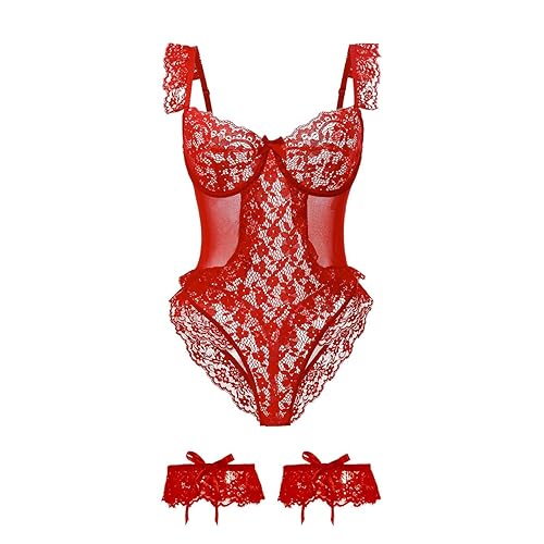 Ruffle Mesh Floral Lace Bodysuit - Red