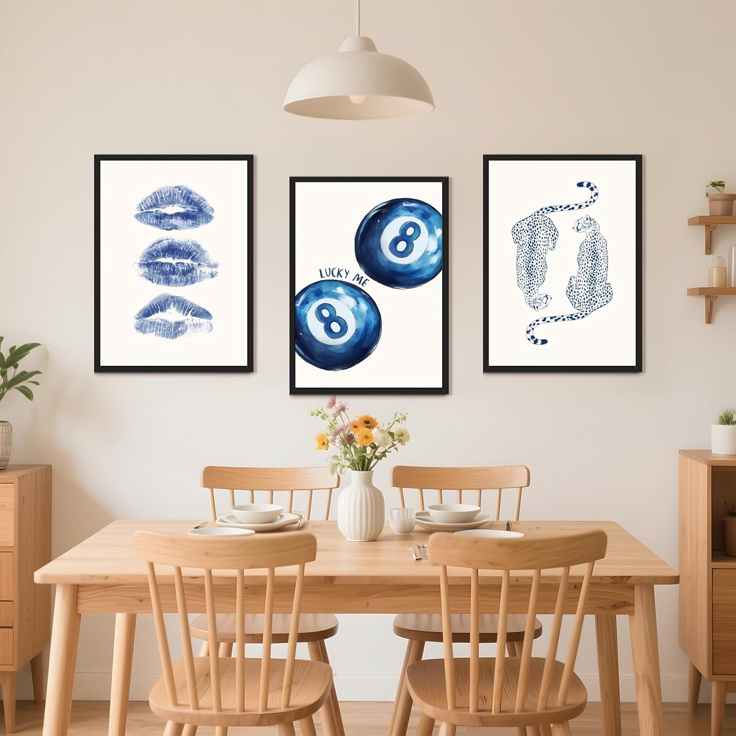 Framed Navy Cheetah Canvas Wall Art Set Retro 8 Ball Poster Blue Leopard Kiss Lips Print Trendy Preppy Aesthetic Dorm Room Decor Funky Blue Painting Picture for Apartment Bedroom 8x12inch