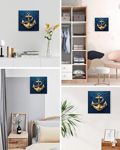 Miniatura 4 de Yellow Anchor Wooden Wall Clock Silent Non Ticking, Navy Blue Nautical Coastal Ocean Theme Square Wall Clock Battery Operated, Decor Clock for Home