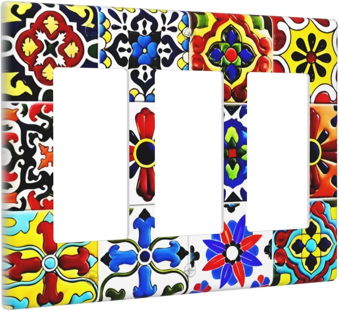 Decorative Outlet Covers Talavera Tile Style Geometic Floral 3 Gang Light Switch Cover Plate Triple Rocker Wall Plates for Electrical Outlets Switch Plate Covers for Kitchen Bathroom Decor image 2