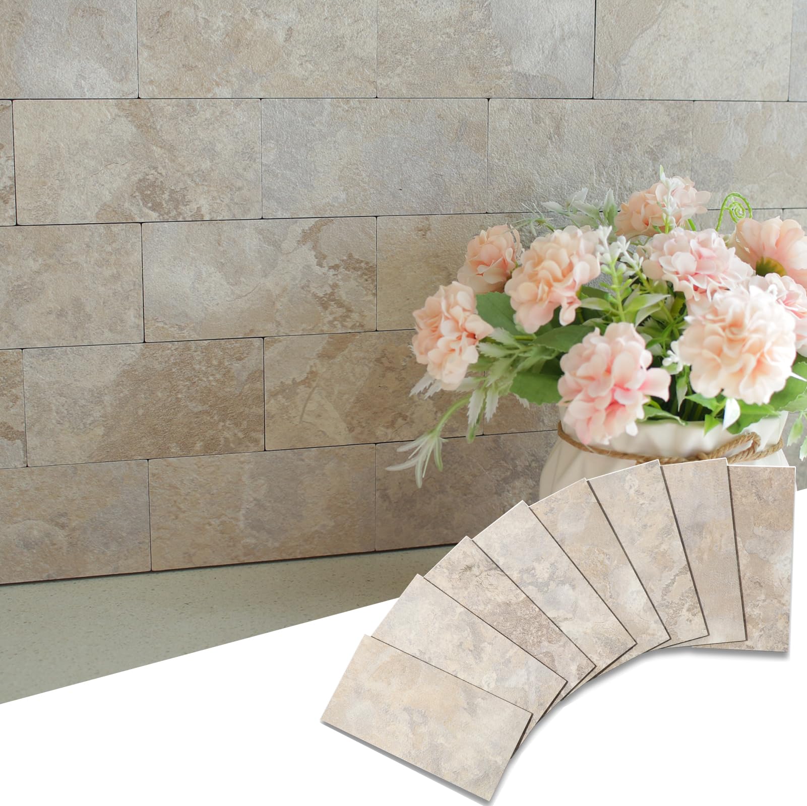 2 Pieces Peel and Stick backsplash 3 x 6 Inches 3D Beige Stone PVC Composite Wall Tile Stick on Backsplash Tile for Kitchen Bathroom, Laundry Room, Camper, Fireplace โ image 1