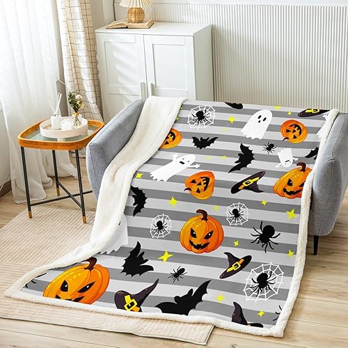 Manfei Manta de Halloween de fantasmas, calabaza, farol, murciélago, araña, para decoración de habitación de niños, manta de rayas grises para sofá,