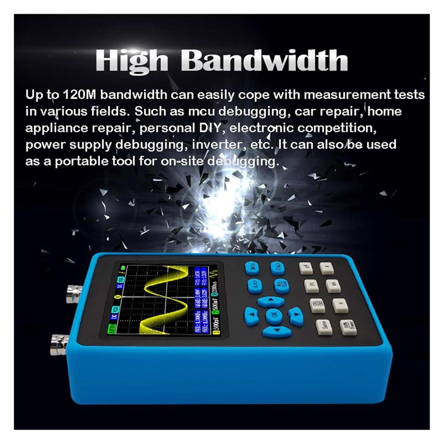 Apačia view of BUUBO DSO2512G Digital Oscilloscope showing signal generator output ports