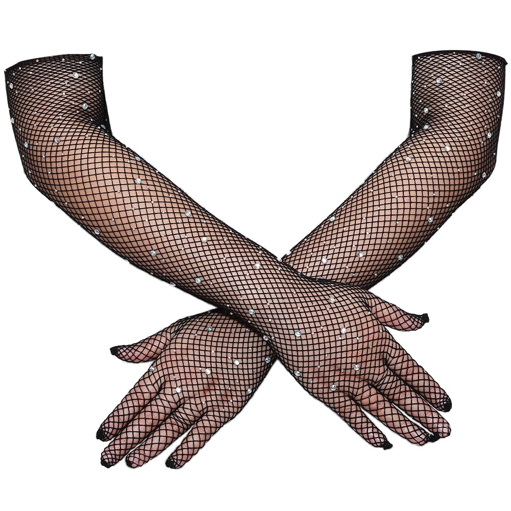GORGECRAFT 2 Pair Long Punk Fish Net Arm Sleeves Black Women Goth Rhinestone Fishnet Gloves Elbow Length Mesh Sparkly Glitter Fashion Opera Gloves for 80s Costume Cosplay Halloween Wedding Party