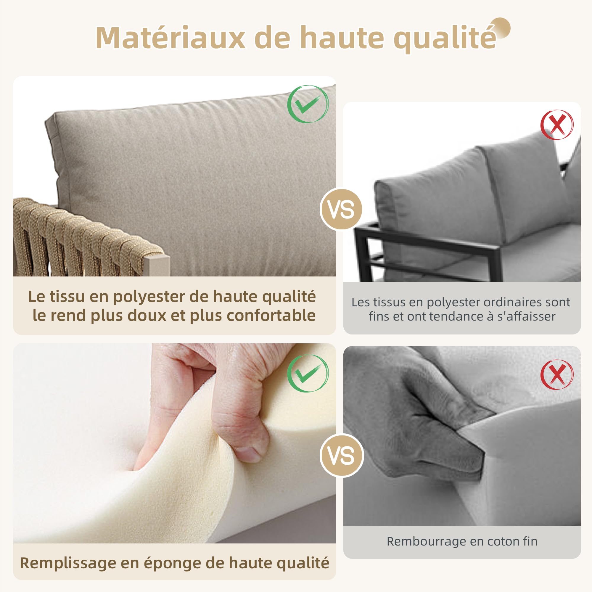 Salon de Jardin Extérieur 6/8 Personnes, Canapé d'angle et Fauteuils en Corde Ensemble de Table et Chaise de Jardin avec 2 Canapés Longs, 1 Canapé Simple et 1 Table en Fer Galvanisé (Beige)