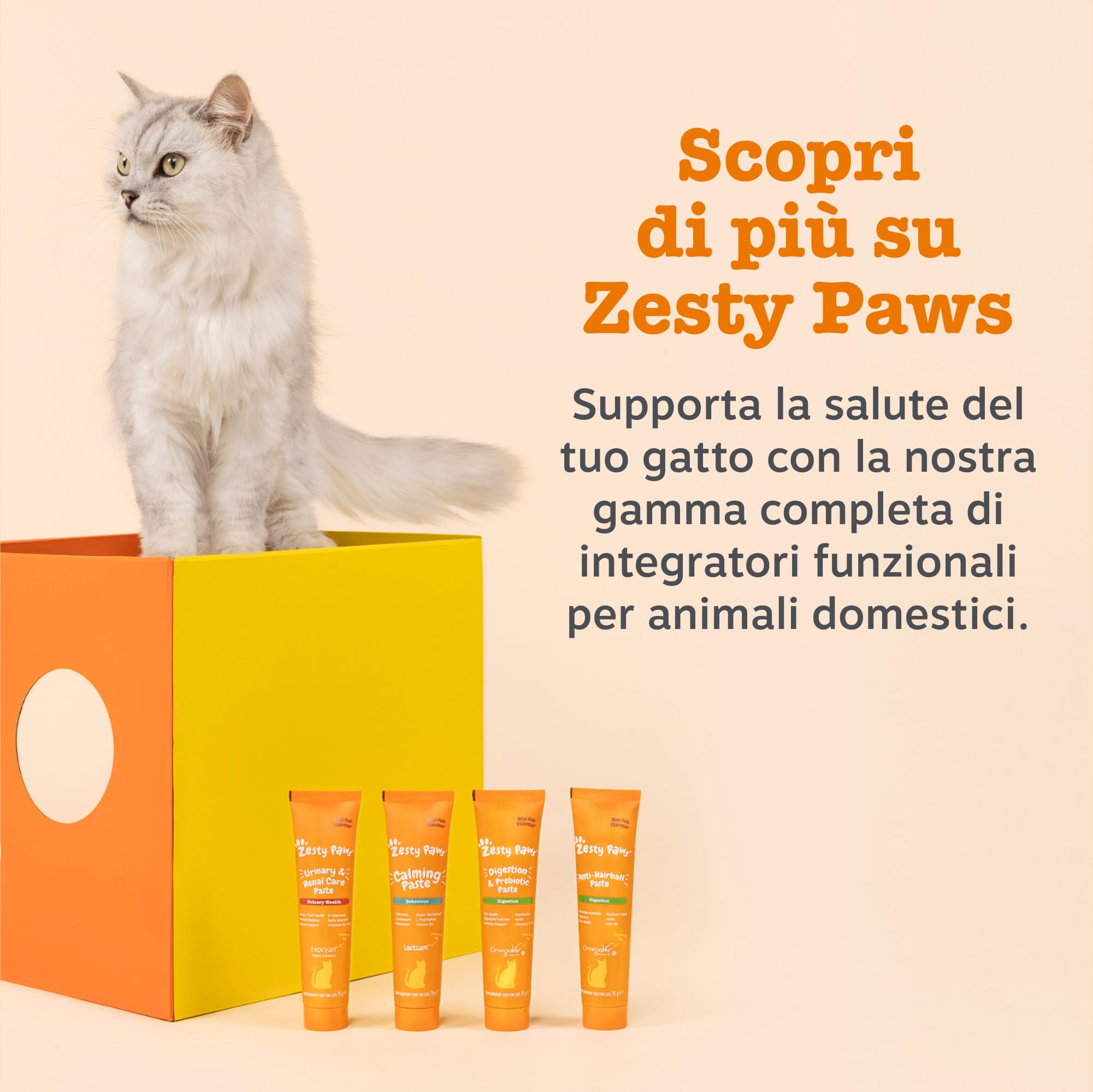 Zesty Paws Digestion & Prebiotic Paste - Digestione - per Gatti – Supporta Salute Intestinale e Sistema Immunitario – con Postbiotici, Inulina, Olio Algale e Vitamine C ed E – Gusto Pesce – 75g