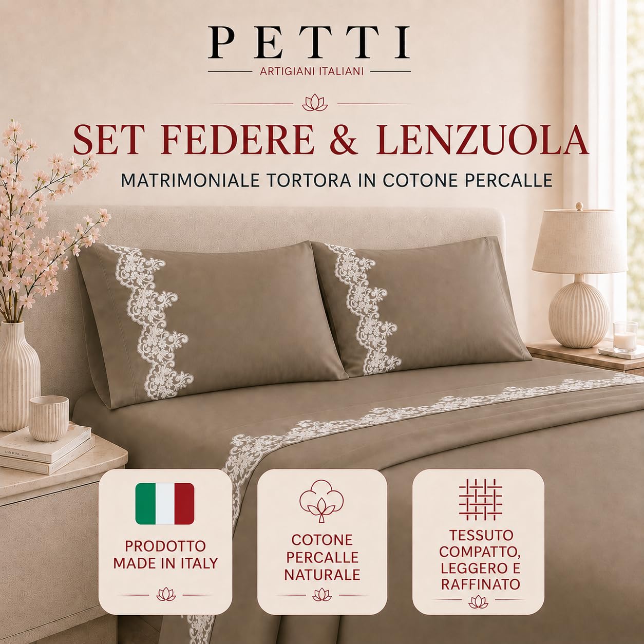 PETTI Artigiani Italiani - Pościel dwuosobowa z koronką, bawełna perkalowa, komplet pościeli dwuosobowej, jasnoniebieska koronka, 100% wyprodukowano we Włoszech