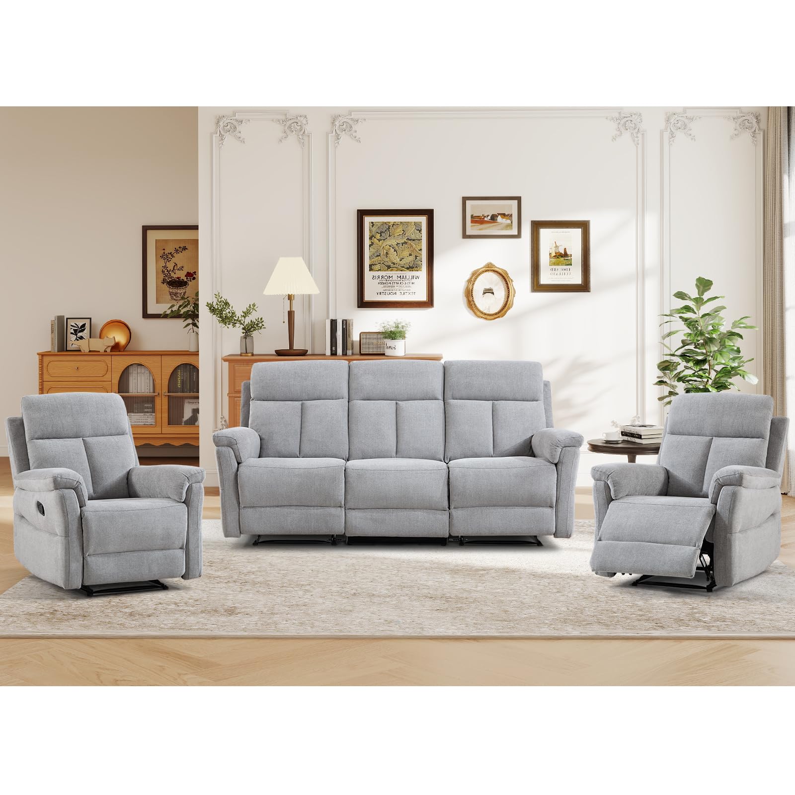 ANJ 3-Piece Manual Recliner Sofa Set, Two Recliner Chairs and One 3 Seat Reclining Sofa with Overstuffed Backrest and Supportive Backrest, Fabric Reclining Couch Set for Living Room, Silver