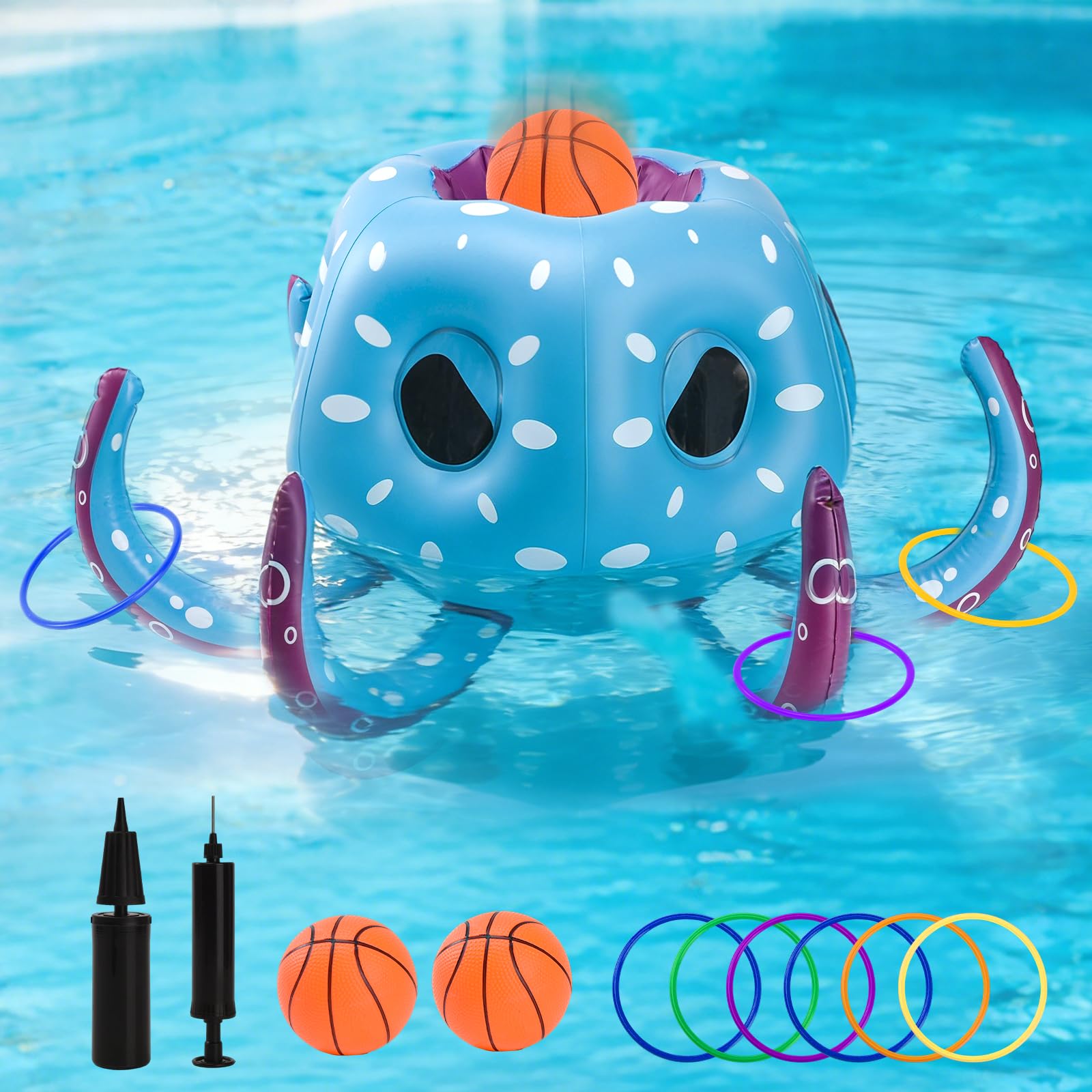 Pieuvre Gonflable pour Piscine 80cm, 2 en 1 Jeu d'eau Flottant Gonflable, Panier de BasketGonflable & Jeu de Lancer d'Anneaux, Jouet de Piscine Flottant pour Enfants et Adultes