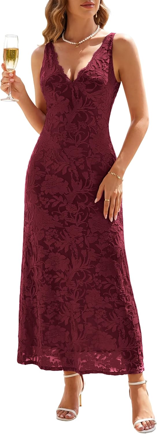 Women's Lace V Neck Floral Mesh Bodycon Maxi Dress Summer 2026 Elegant Long Formal Dress Wedding Guest Cocktail Party