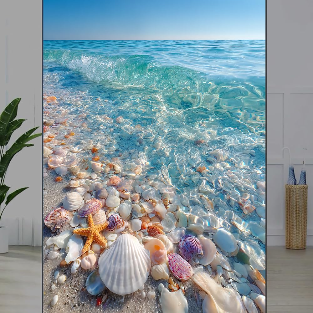 FOCCAFB Ocean Shore Stained Glass Window Film, Colorful Seashells Starfish Peel and Stick Privacy Film, Frosted Adhesive Vinyl Decorative for Bathroom Windows Glass Doors, （45x90cm）
