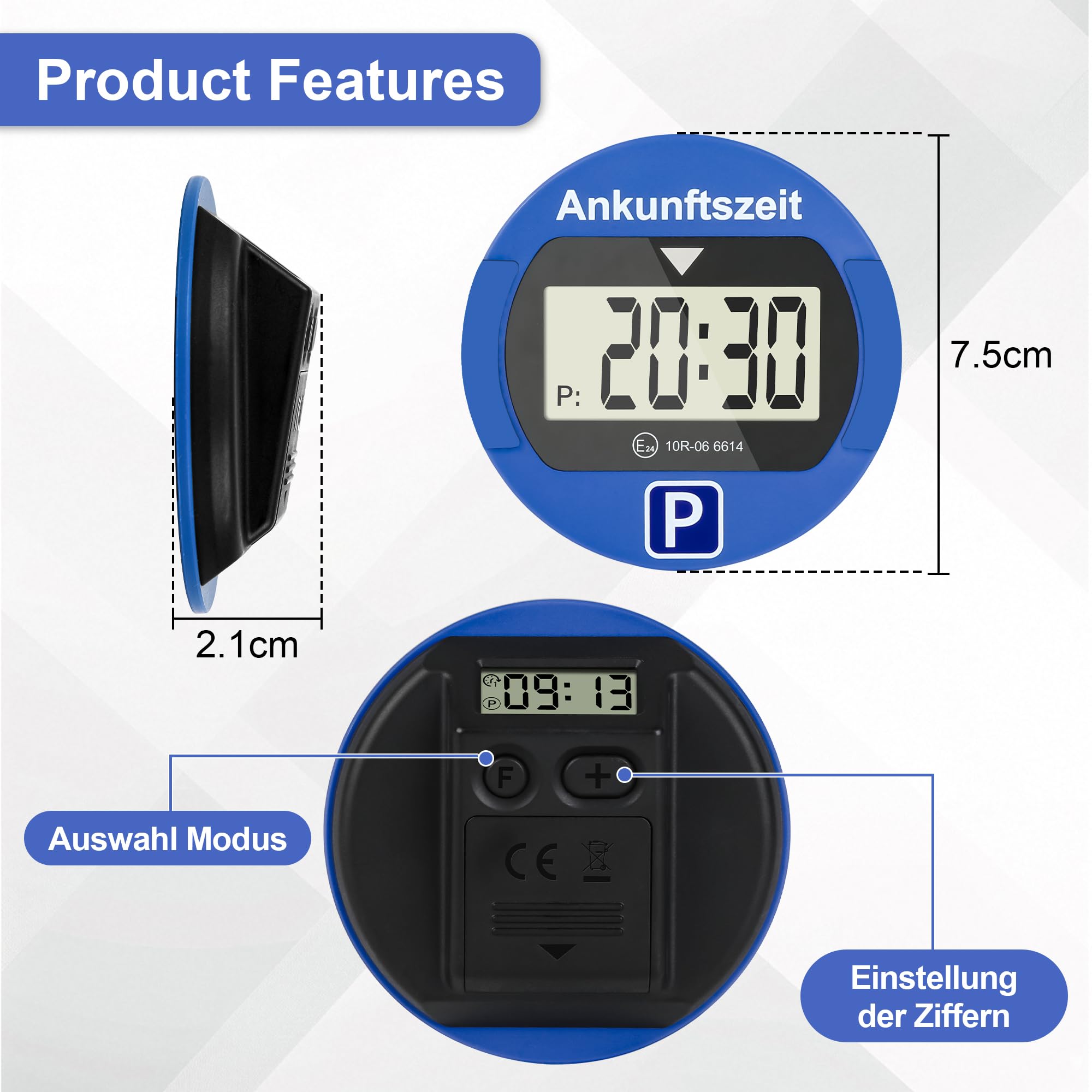 TEOV Elektronische Parkscheibe mit Zulassung KBA fürs Auto - Digitale Parkuhr mit Nachtmodus und Taktungseinstellung, Großer Bildschirm, präzise Zeitmessung, Rund. Blau oder Schwarz