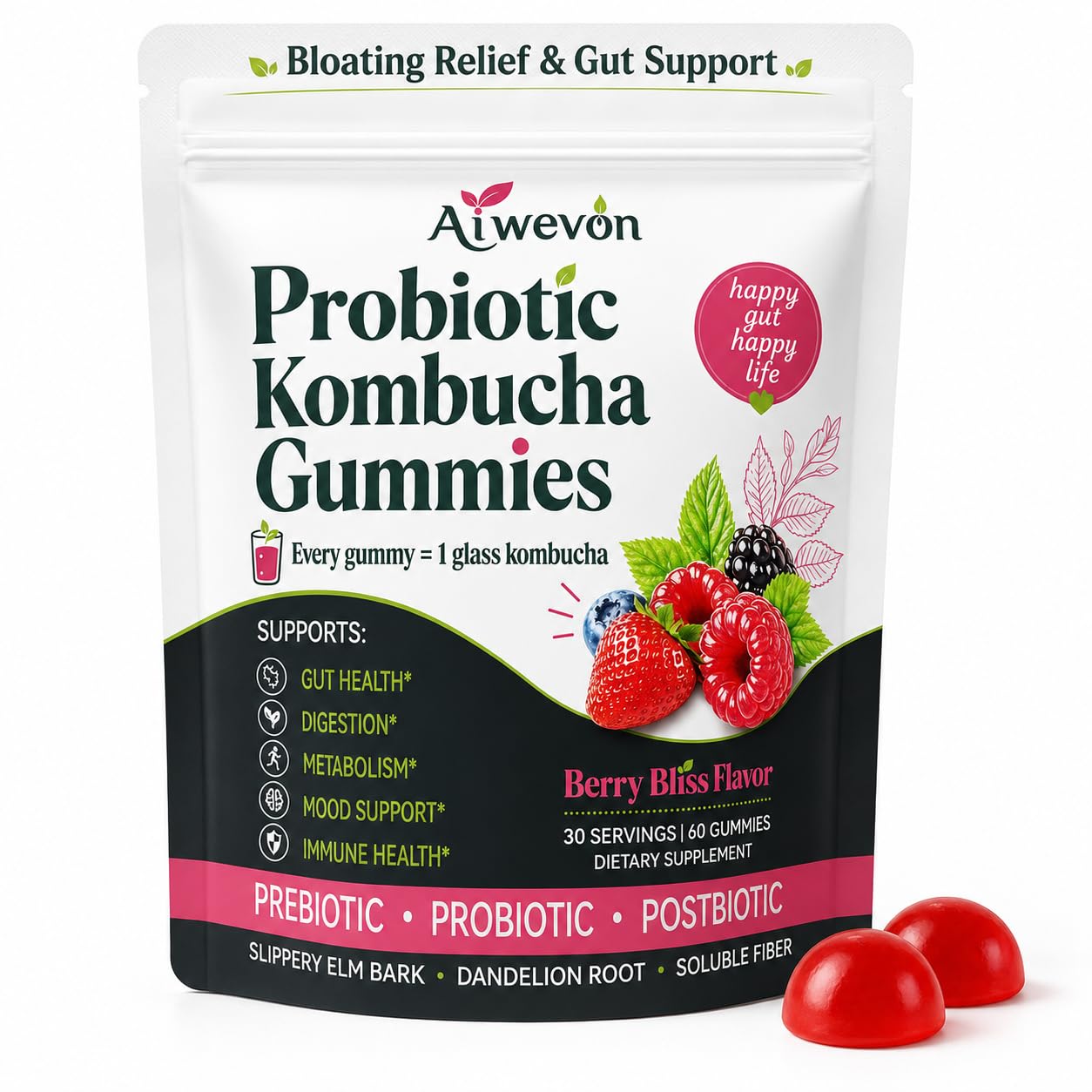 Probiotic Kombucha Gummies, Prebiotic Postbiotic Gummies with Slippery Elm Bark, Dandelion Root and Soluble Fiber, Berry Bliss Flavor Vegan Gut Health Daily Digestive Wellness Support 60 Count