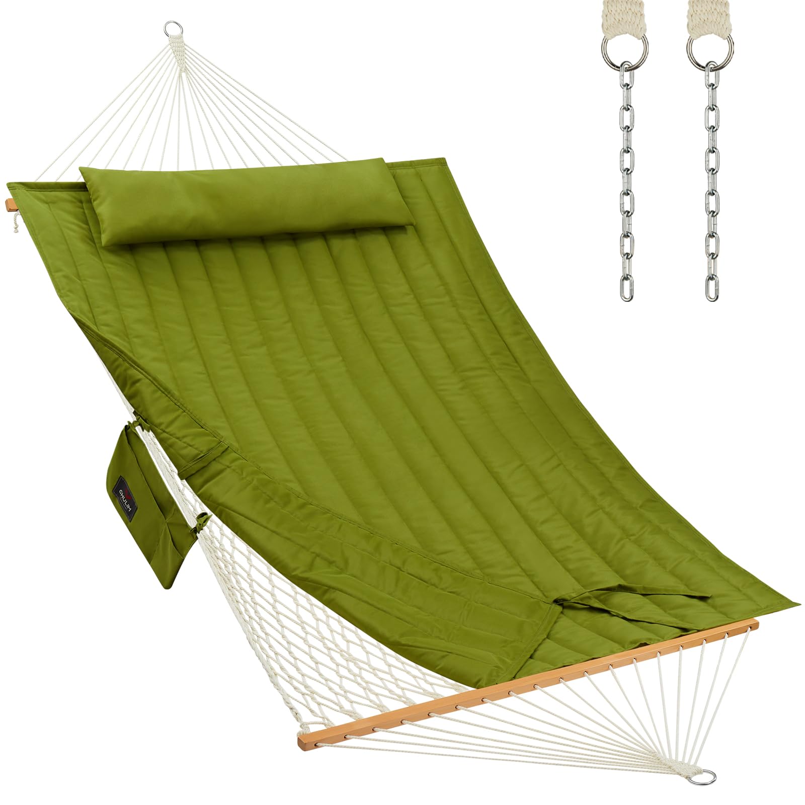 CHULIM Outdoor Double Hammock with Hardwood Spreader Bars, Large Rope Hammock with Polyester Pad and Pillow, 475 LBS Capacity for 2 Person Patio Backyard Poolside - Green