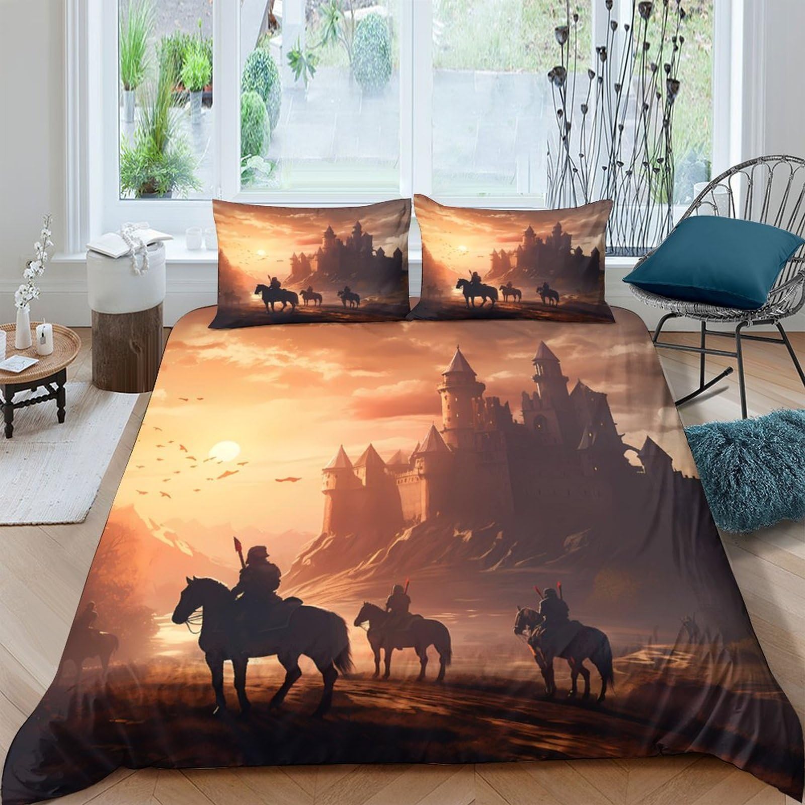 Ctjqhvkz Style-2 3D Printed Sunset Castle Fitted Sheet Microfiber Soft Silky Horse Rider Mattress Cover For Bedroom Guest Room Decor Single（135X200cm）