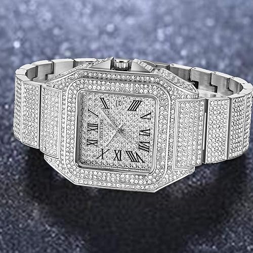 Miniatura 5 de Reloj de pulsera analógico de cuarzo de moda para hombre con diseño de hip hop y diamantes de imitación de acero inoxidable