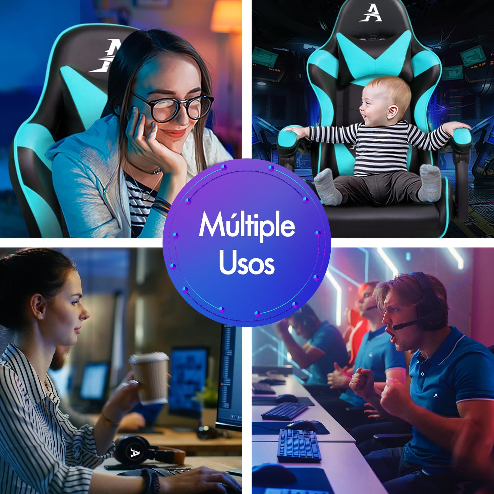ALFORDSON Silla Gaming Profesional con Masajeador, Silla Ergonómica Gamer, Altura Regulable Silla con Apoyo Lumbar y Reposacabezas, Respaldo Inclinable hasta 150°, Giratoria de 360°, Cuero PU(Cian)