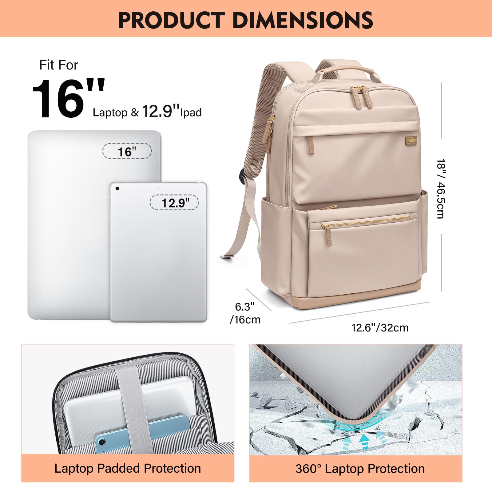 Mochila para laptop Bolsa de trabajo, Beige, Grande, Moda 3