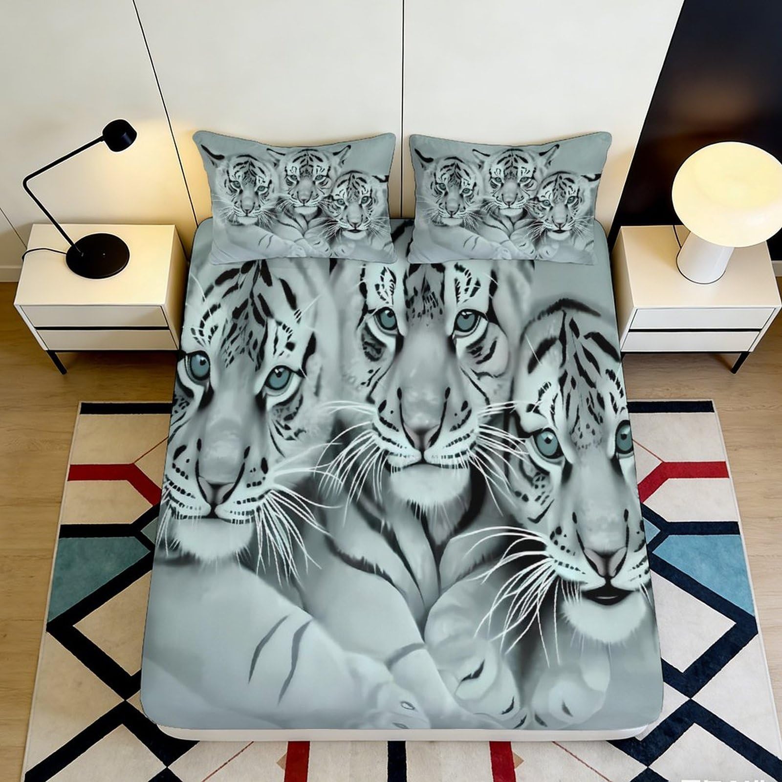 Uxinyoume Style-10 3D Printed Grey Tiger Fitted Sheet Microfiber Soft Breathable Wild Animal Bed Cover For Bedroom Guest Room Decor 90X200x25cm