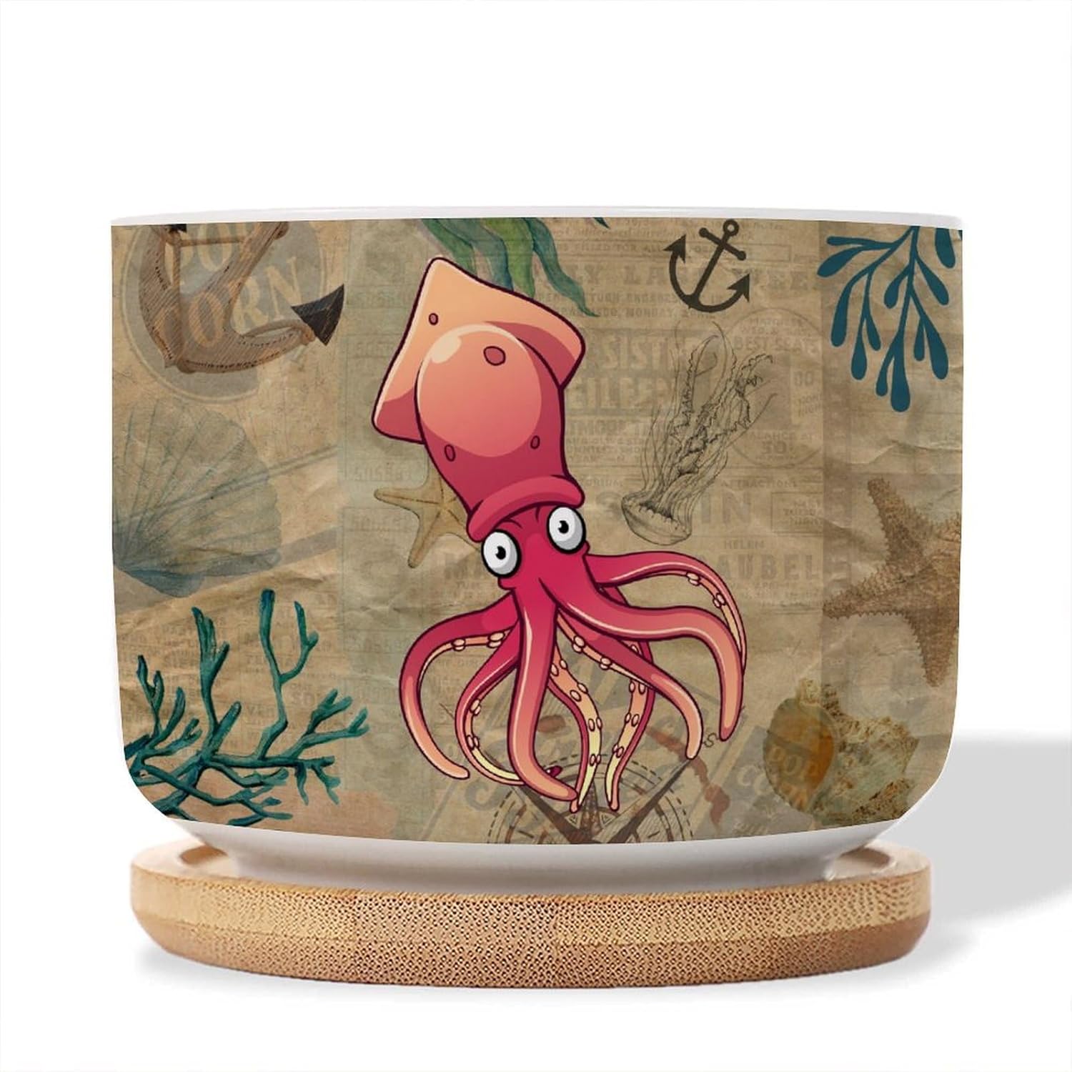 Set of 3 Small Ceramic Planters for Indoor Retro Ocean Animal Squid Succulent Planters Beach House Decor Ceramic Planters for Indoor Plants with Drainage Bamboo Trays