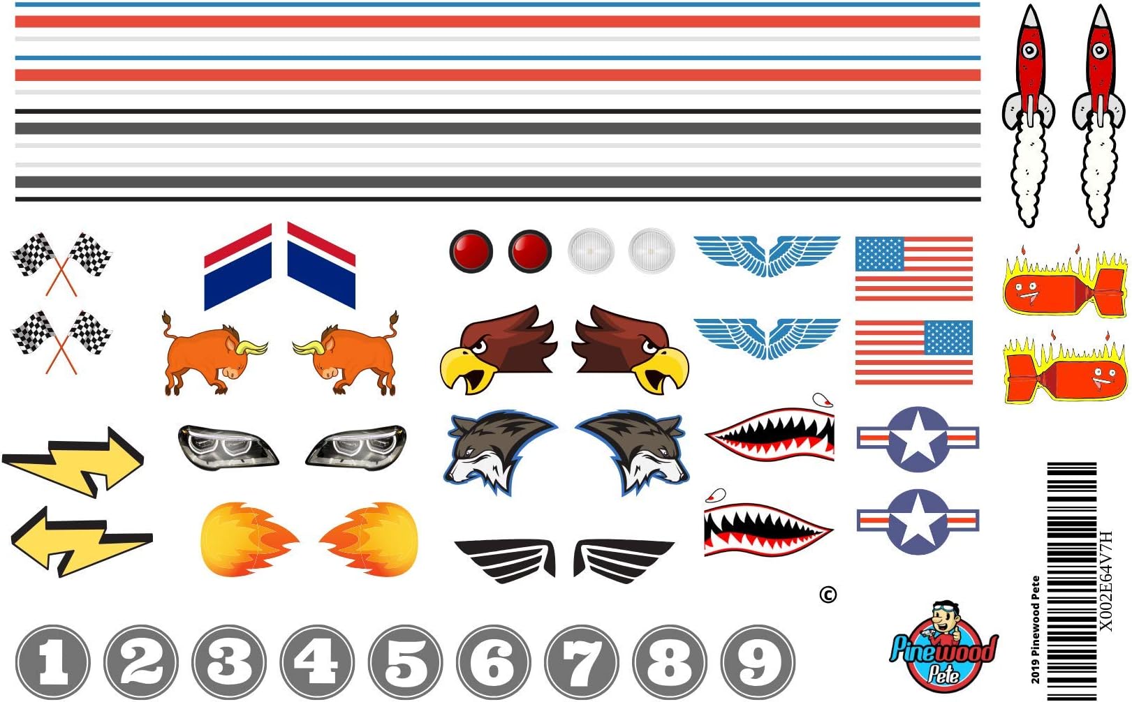Pinewood Car Sticker Set - Made in USA - Peel & Stick - Stripes, Numbers, Flags, Lights, and More.