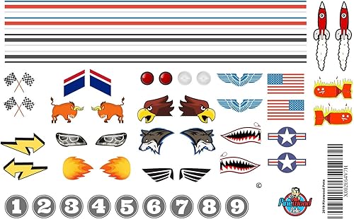 Juego de calcomanías de madera de pino para automóvil, fabricadas en Estados Unidos, despegar y pegar, rayas, números, banderas, luces y mucho más.