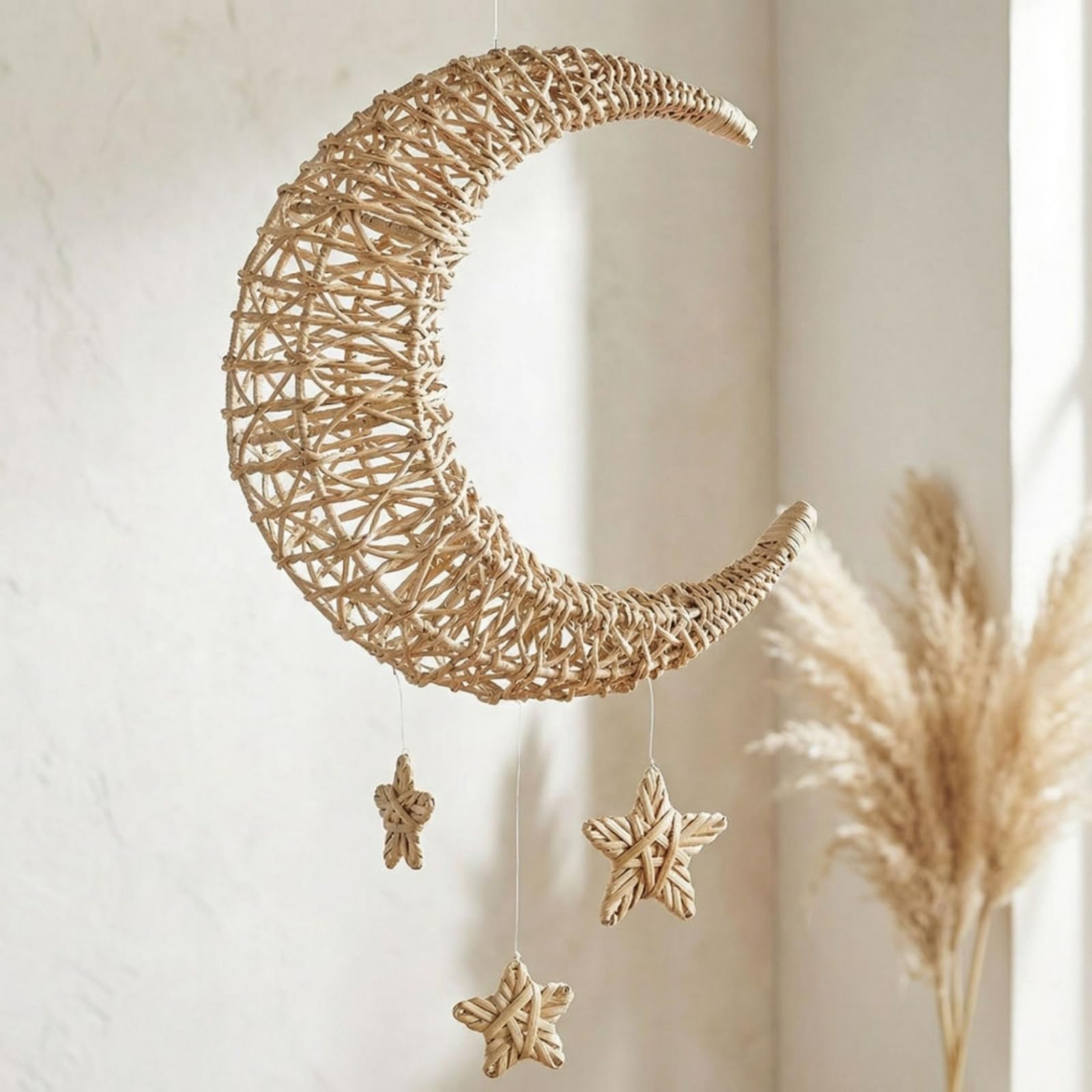 Gralara Mezza di Rattan con Stelle Beige Giostrina da Culla in Rattan Decorativa Decorazione a Mezza per Bambini