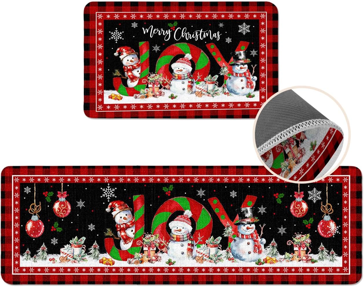 Christmas Kitchen Rugs and Mats Set of 2, Christmas Decorations Indoor Outdoor Kitchen Floor Mats, Xmas Snowmans Snowflake Winter Non-Slip Runner Rug for Bathroom Living Room, Red Black Buffalo Plaid