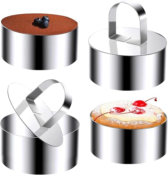 Sikweny 4 Piezas Aros Emplatar Acero Inoxidable, Moldes Cocina con Putter Moldes Tartar Circular, Anillos de Postre Reutilizable para Mousse Tartas Pasteles Glaseados (8 CM) - 1