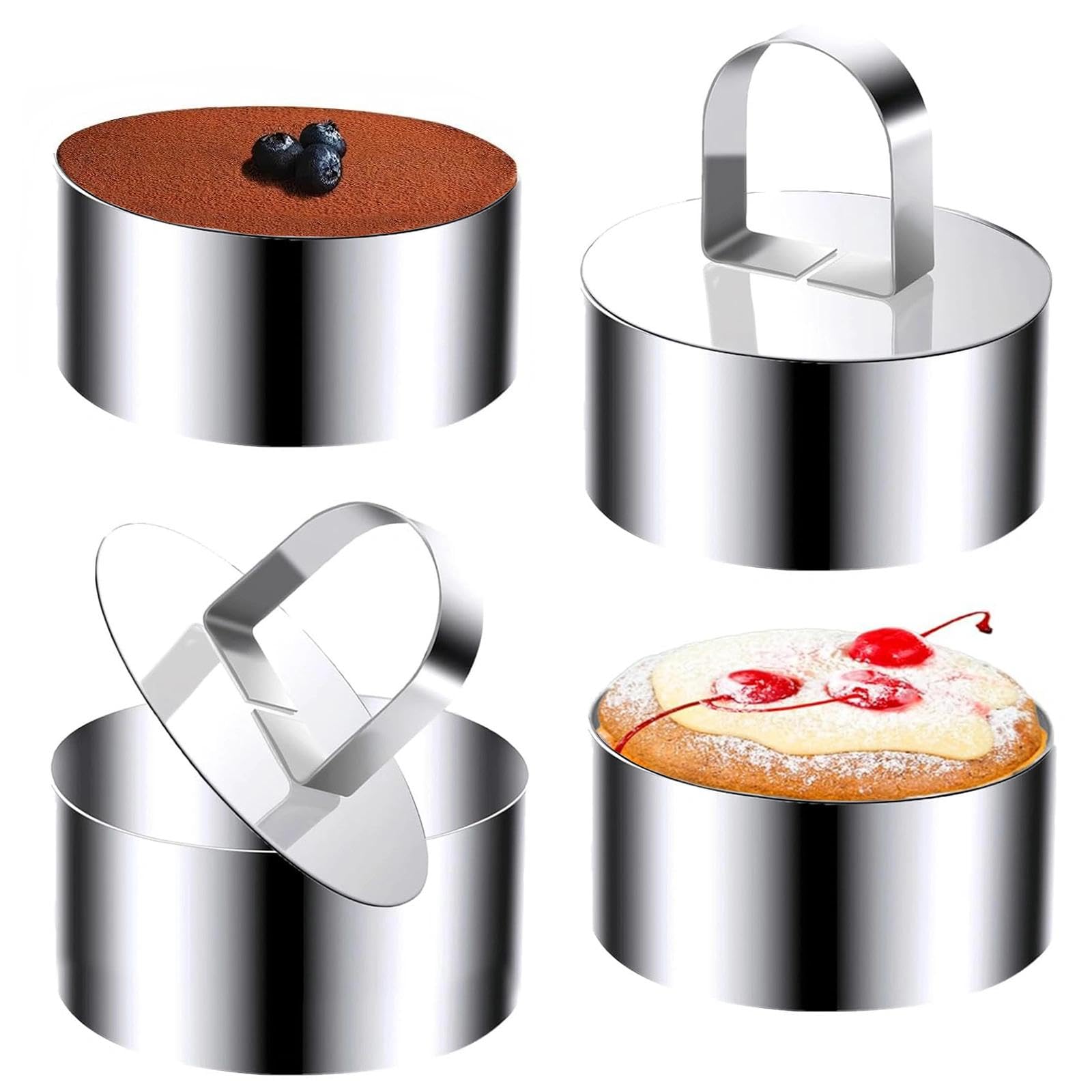 Sikweny 4 Piezas Aros Emplatar Acero Inoxidable, Moldes Cocina con Putter Moldes Tartar Circular, Anillos de Postre Reutilizable para Mousse Tartas Pasteles Glaseados (8 CM) - 2