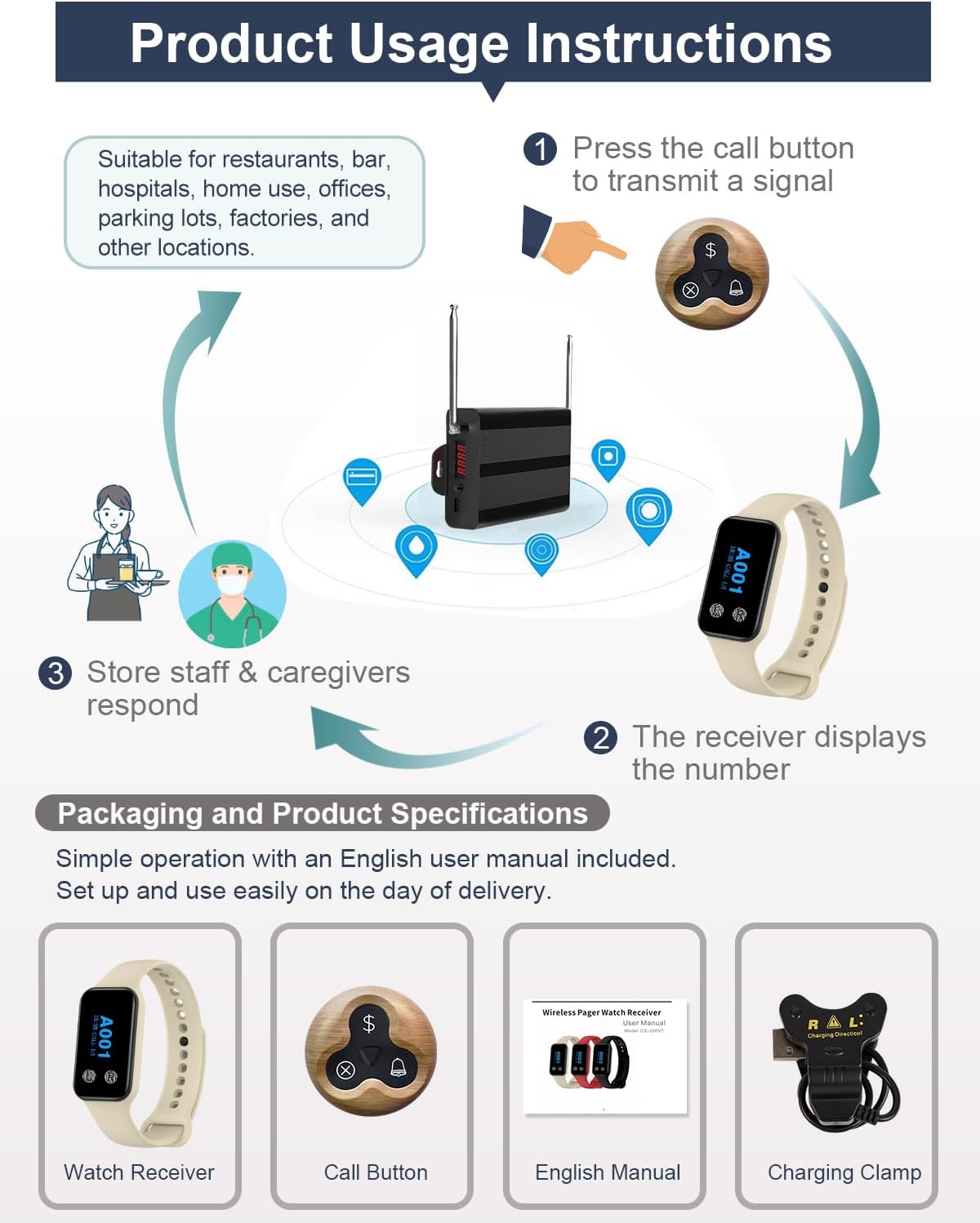 Call Button System Wireless Calling System 3-Key Button 400ft Pager System 1 Watch Receiver 2 Waterproof Call Buttons for Restaurant Bar Hospital Cafe (2 Call Button(O3M) + 1 Watch Receiver(200VTW))