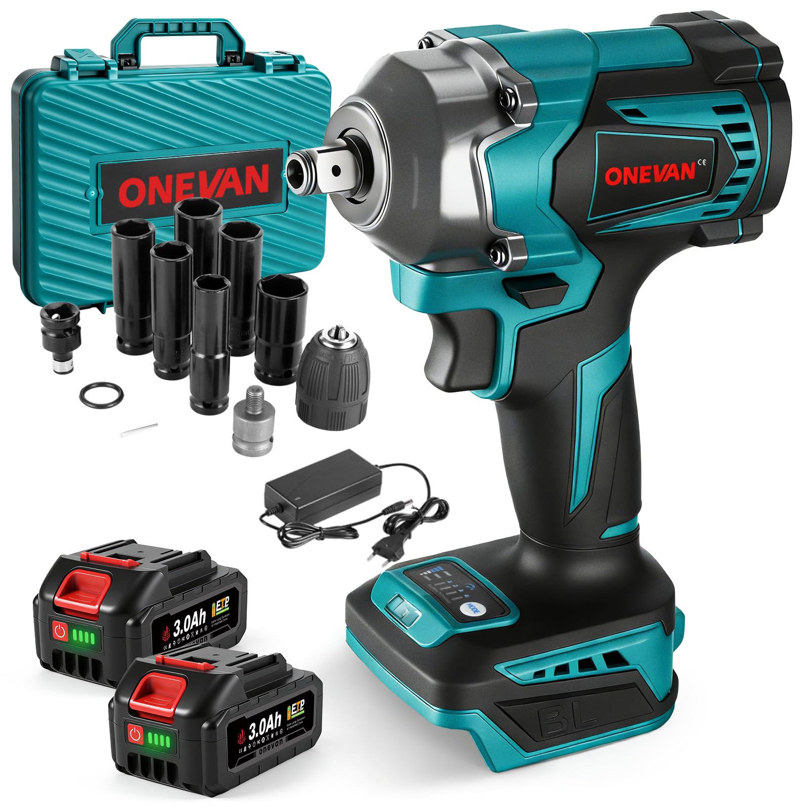 ONEVAN Cle a Choc Sans Fil 700 Nm, avec 2 batteries et jeu de douilles | Sans balais, 2 batteries de 3000 mAh, 4 vitesses, avant et arrière, inclut une boîte à outils et un adaptateur de perçage