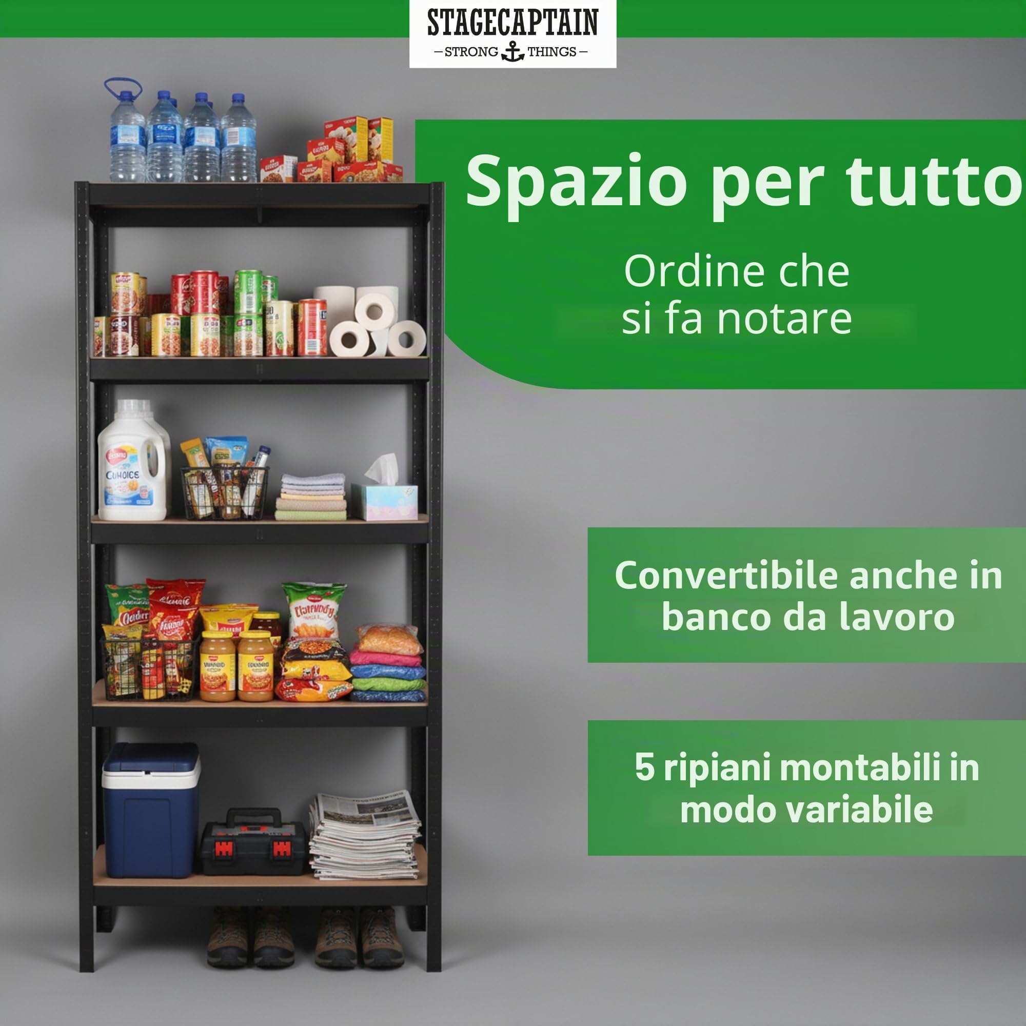 Stagecaptain Heavyrack HR-175 BK Sistema di 4 Scaffali in Metallo - Scaffalatura per magazzino - Scaffale per carichi pesanti - 875kg di capacità di Carico - 5 ripiani in legno regolabili - Nero