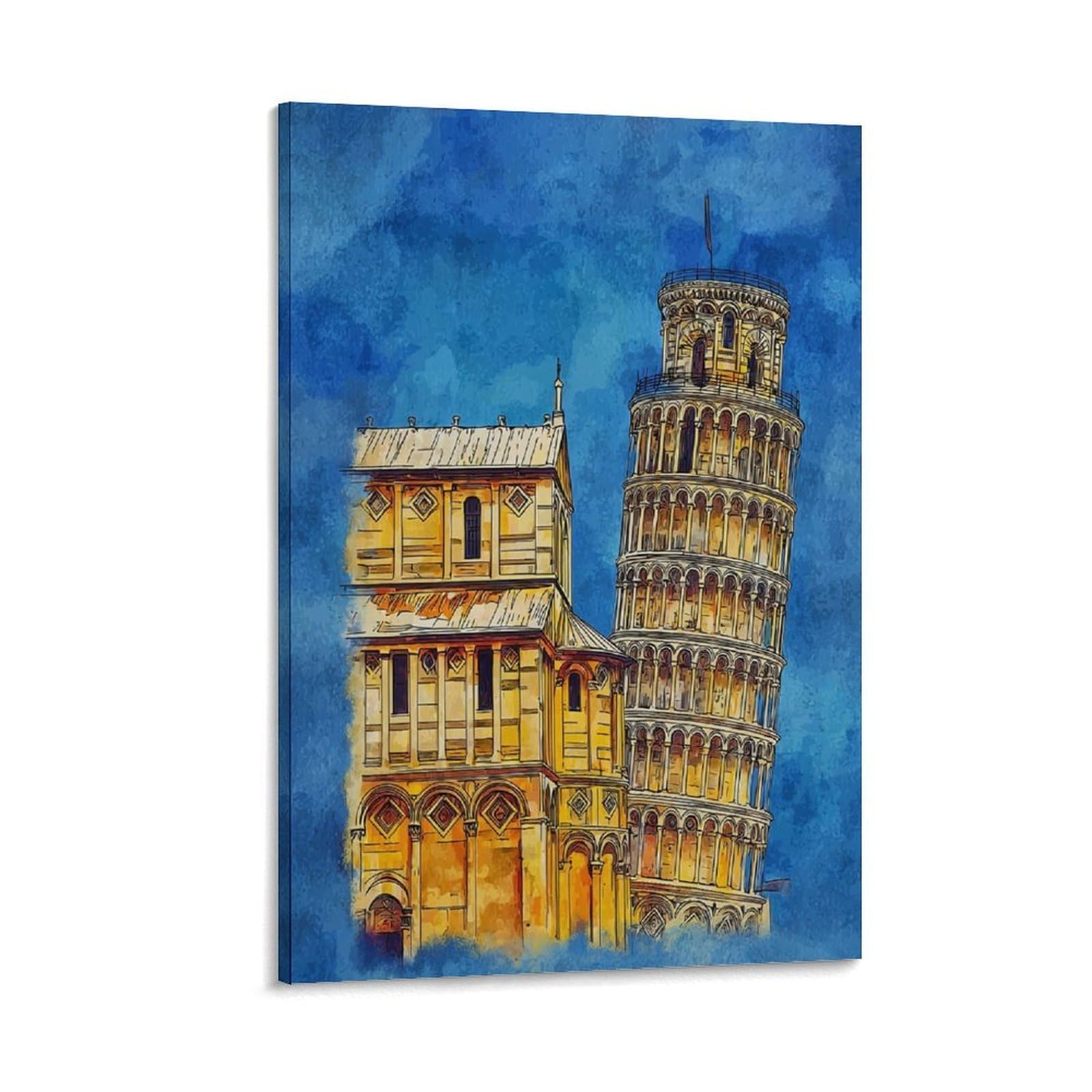 Cnaheiz Frame-Style Pisa Italy Leaning Tower Of Pisa 20X30inch(50X75cm) Vintage Travel Poster Watercolor Canvas Art